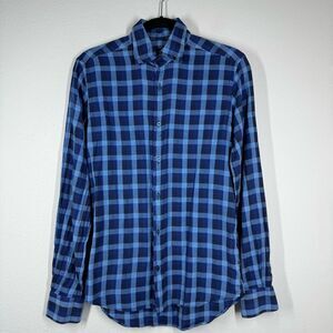 Saks Fifth Avenue Blue Cotton Plaid Button Down Shirt Long Sleeve Mens Small